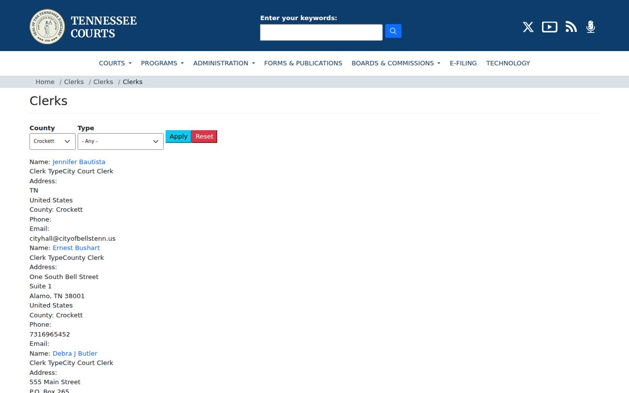 Tennessee court clerk directory results relevant to Bells and Crockett County
