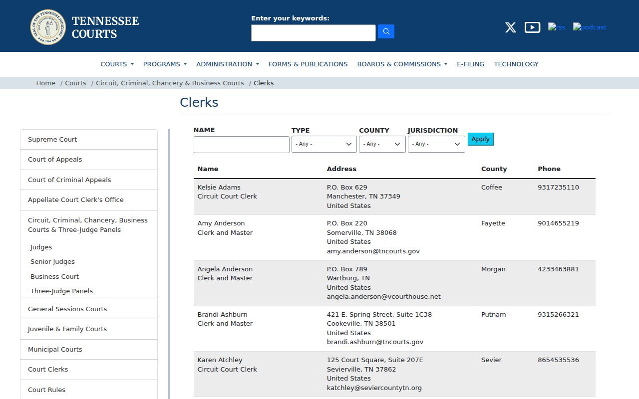 Trial court clerk directory for routing a Bells appeal to Crockett County court