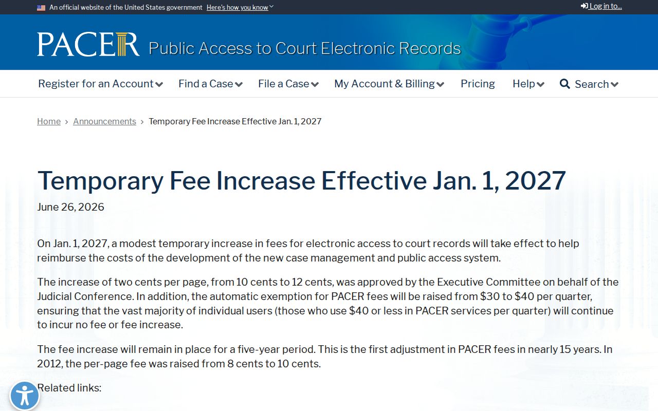 Maury City federal court record fee notice